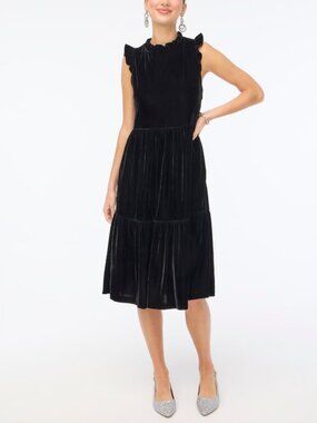 J.Crew Black Velvet Sleeveless Ruffle Tiered Midi Dress Whimsigoth Party Sz 10